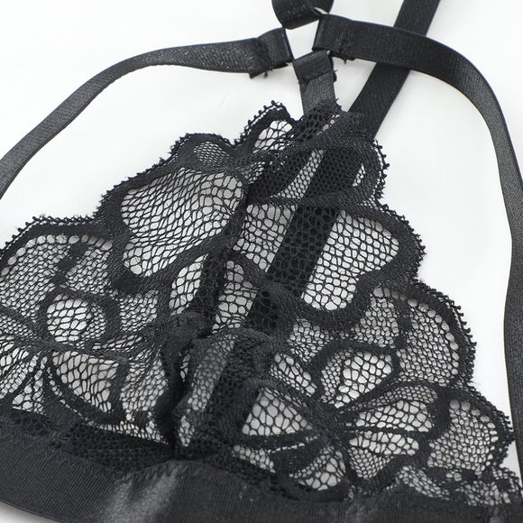 Black Lace Strappy 3pcs Lingerie Set with Garter Belt - Picture 12 of 14